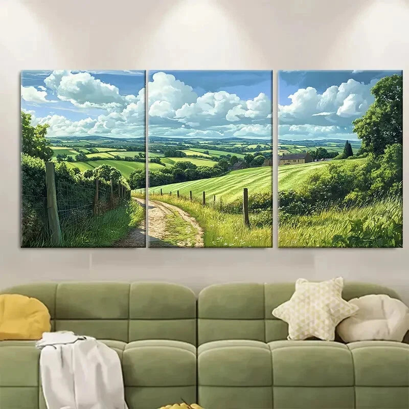 3pcs English Countryside Landscape with Rolling Metal Print Ready to Hang Art