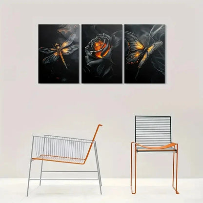 3pcs Dragonfly Rose & Butterfly Paintings Metal Print Ready to Hang Art