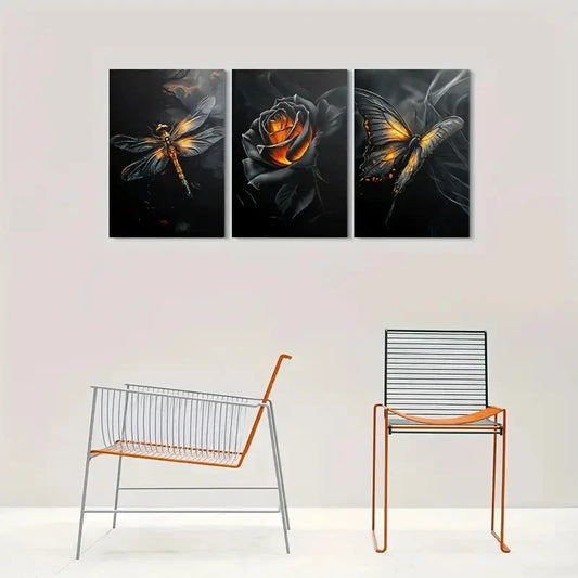 3pcs Dragonfly Rose & Butterfly Paintings Metal Print Ready to Hang Art