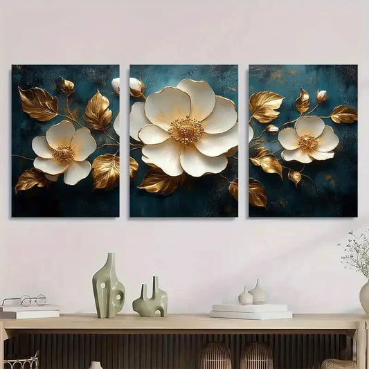 3pcs Elegant Golden Floral Vintage White & Golden Metal Print Ready to Hang Art