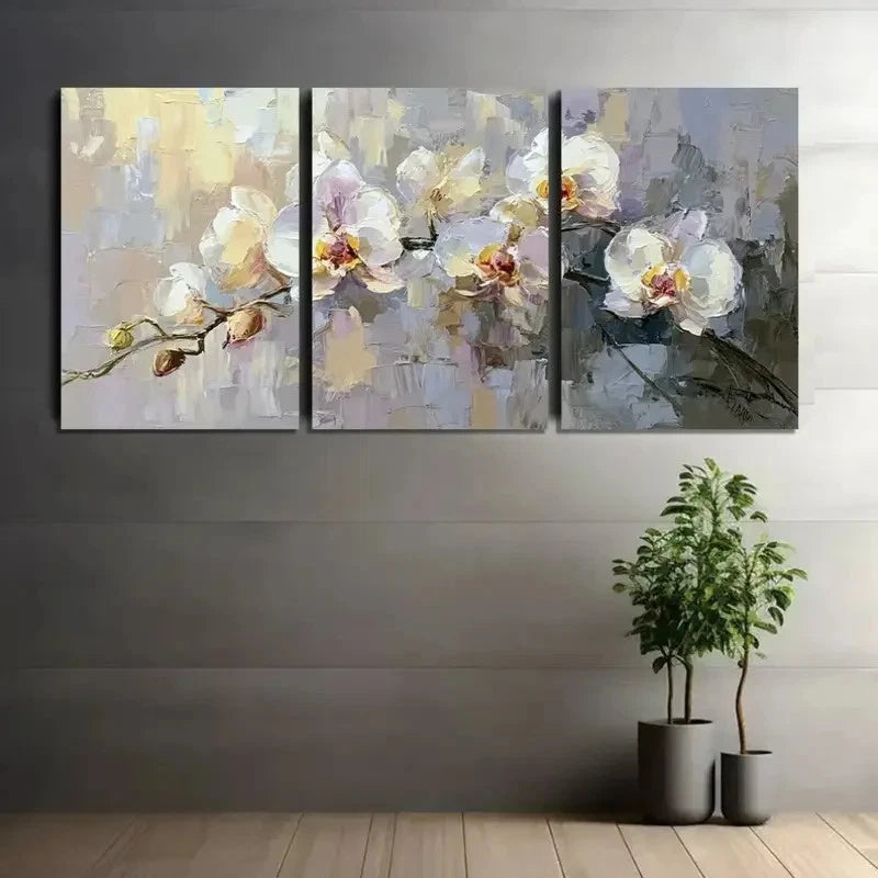 3pcs Abstract White Orchid in Light Gray Metal Print Ready to Hang Art