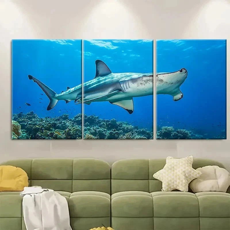 3pcs Great Hammerhead Shark EU Wall Art Set Canvas Framed 40x60cm - High Quality Print 100% Australian Made Wall Canvas Ready to Hang