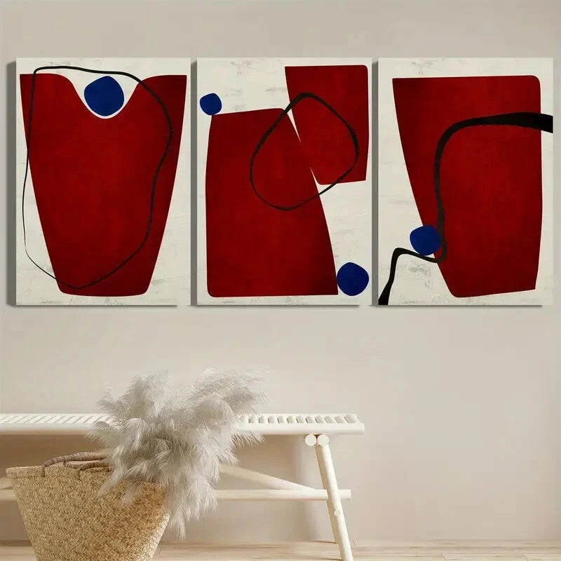 3pcs Abstract Red Black Beige Contemporary Metal Print Ready to Hang Art