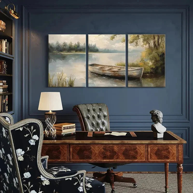 3pcs Rustic Rowboat Serene Lake Soft Light Metal Print Ready to Hang Art