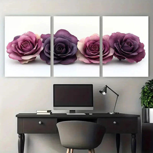 3pcs Minimalist Deep Magenta Roses Pastel Florals Metal Print Ready to Hang Art