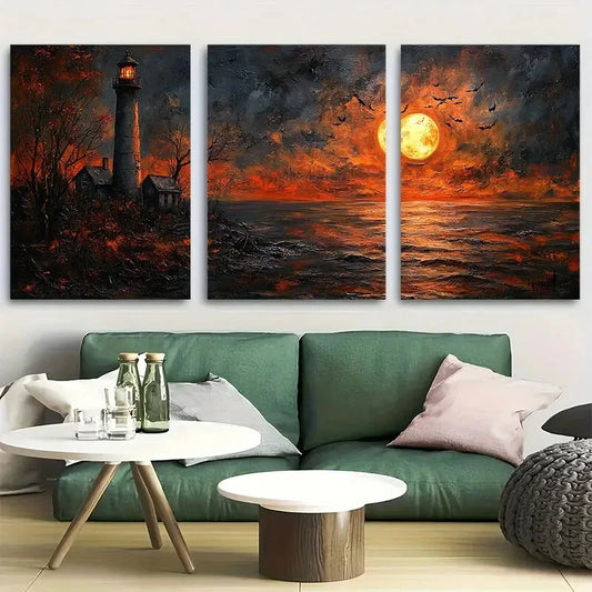3pcs Haunted Lighthouse Spooky Moonlit Coastal Metal Print Ready to Hang Art