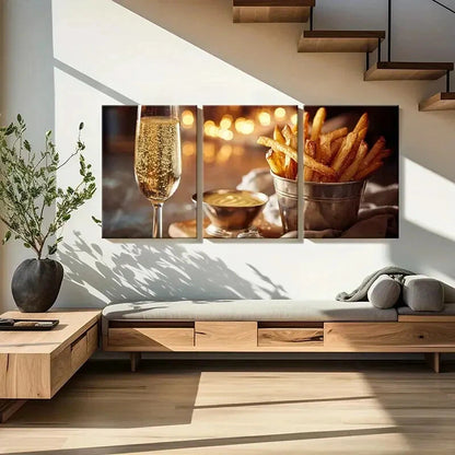 3pcs Champagne Glass Golden French Fries Metal Print Ready to Hang Art