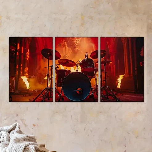 3pcs Burning Drum Set in a Dimly Lit Space Wall Art Set Canvas Unframed - High Quality Print 100% Australian Made Wall Canvas - Bella Home Decor