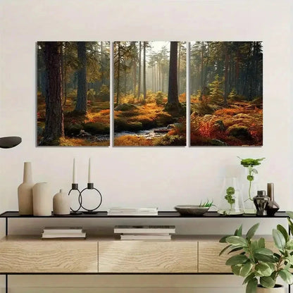 3pcs Moss-Covered Ground in a Forest Painting Metal Print Ready to Hang Art