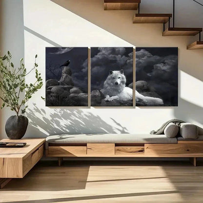 3pcs Wolf Crow Dark Style Vintage Wall Art Set Canvas Framed 40x60cm - High Quality Print 100% Australian Made Wall Canvas Ready to Hang
