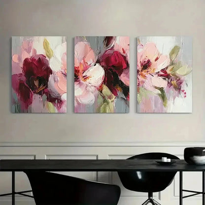 3pcs Abstract Floral Painting in Pink-Burgundy Metal Print Ready to Hang Art
