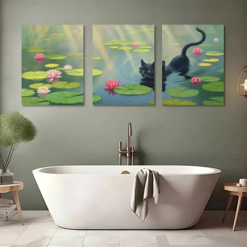 3pcs Black Cat Water Lilies Painting Metal Print Ready to Hang Art