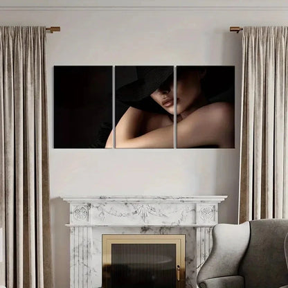 3pcs Mysterious Fashion Elegant Woman Black Hat Metal Print Ready to Hang Art
