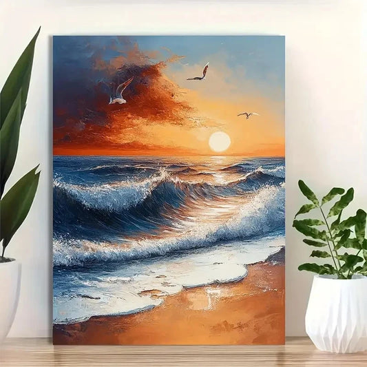 Beautiful Coastal Seascape With Birds Painting 40x60cm Metal Print Ready to Hang