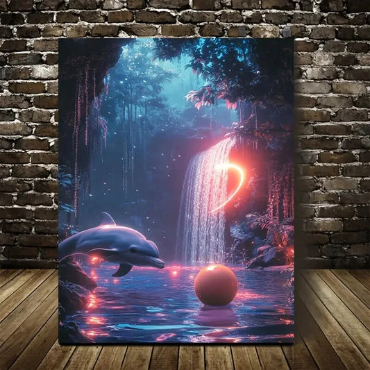 Dolphin Playing with Ball Under Waterfall Painting  40x60cm Metal Print Ready to Hang