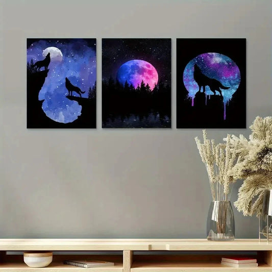 3pcs Midnight Moon Wolf Design Metal Print Ready to Hang Art