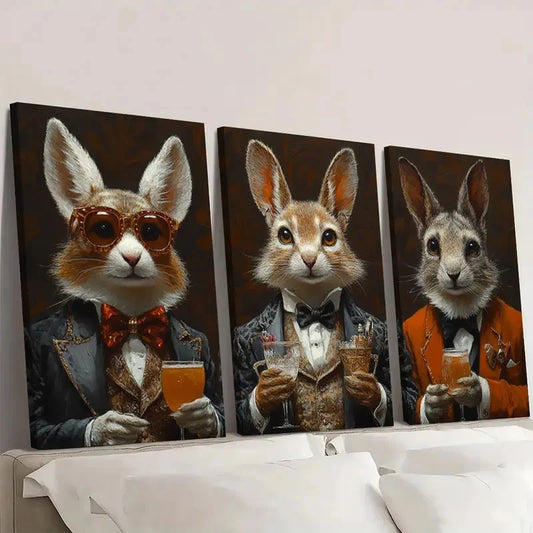 3 PCS Dapper Rabbit Whimsical Animal Set Wall Art Set Canvas Framed 40x60cm - High Quality Print 100% Australian Made Wall Canvas Ready to Hang
