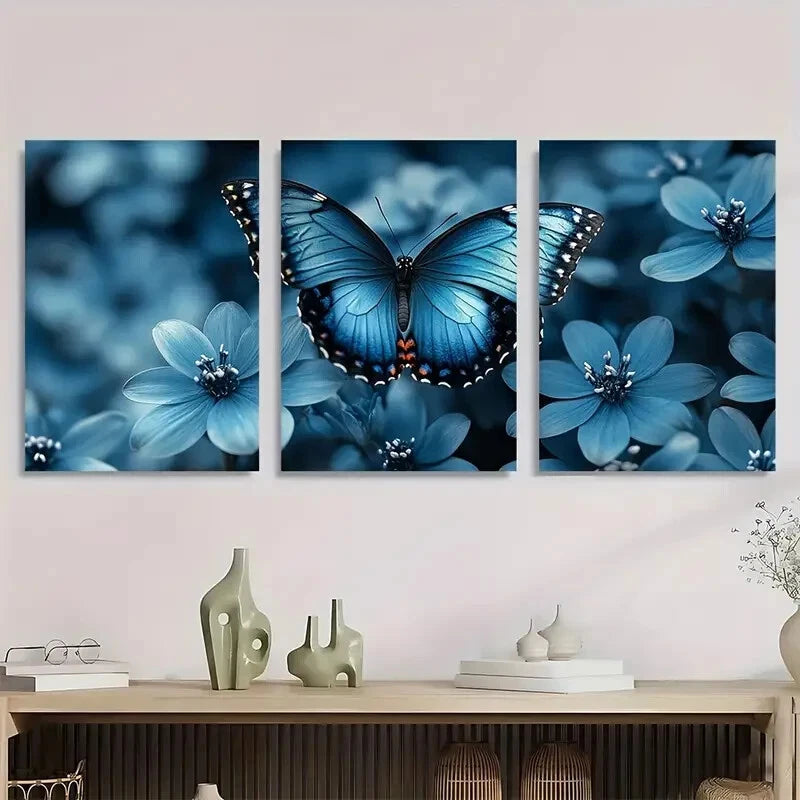 3pcs Teal Rose & Turquoise Blue Butterfly Metal Print Ready to Hang Art
