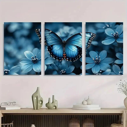 3pcs Teal Rose & Turquoise Blue Butterfly Metal Print Ready to Hang Art