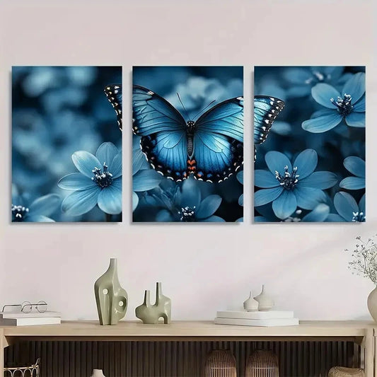 3pcs Teal Rose & Turquoise Blue Butterfly Metal Print Ready to Hang Art