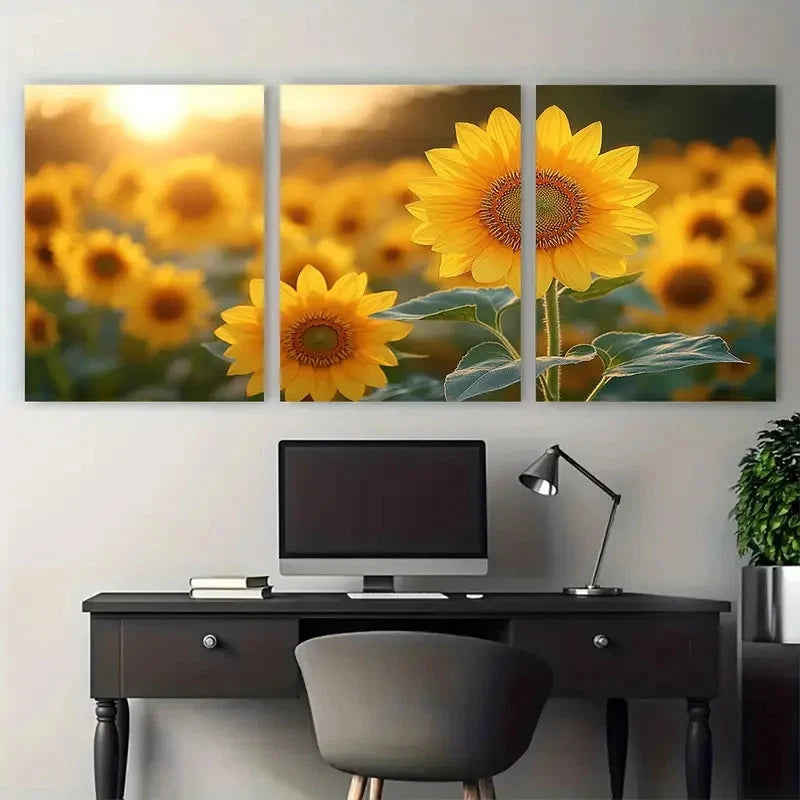 3pcs Golden Yellow Sunflowers Illustration Wall Art Set Canvas Framed 40x60cm - High Quality Print 100% Australian Made Wall Canvas Ready to Hang