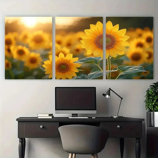 3pcs Golden Yellow Sunflowers Illustration Wall Art Set Canvas Framed 40x60cm - High Quality Print 100% Australian Made Wall Canvas Ready to Hang