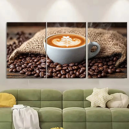 3pcs Latte Art on Coffee Sack Surrounded by Beans Metal Print Ready to Hang Art
