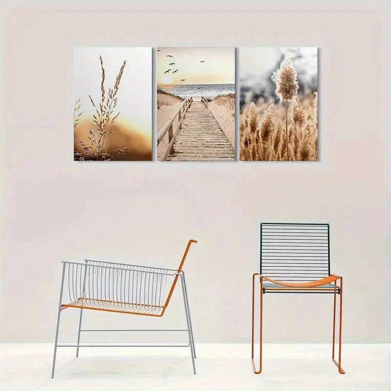 3pcs Beach Sunset Wooden Boardwalk Metal Print Ready to Hang Art