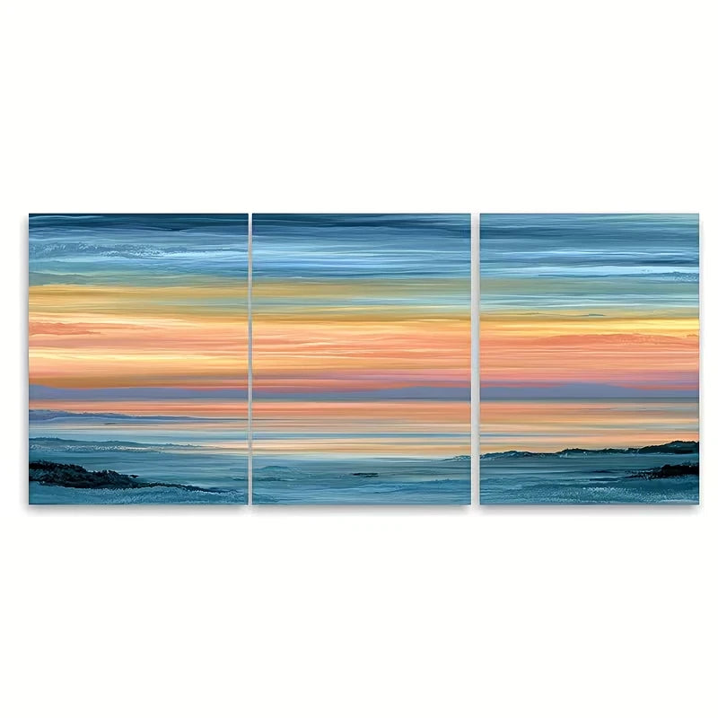 3pcs Seascape Painting, Sunset Metal Print Ready to Hang Art