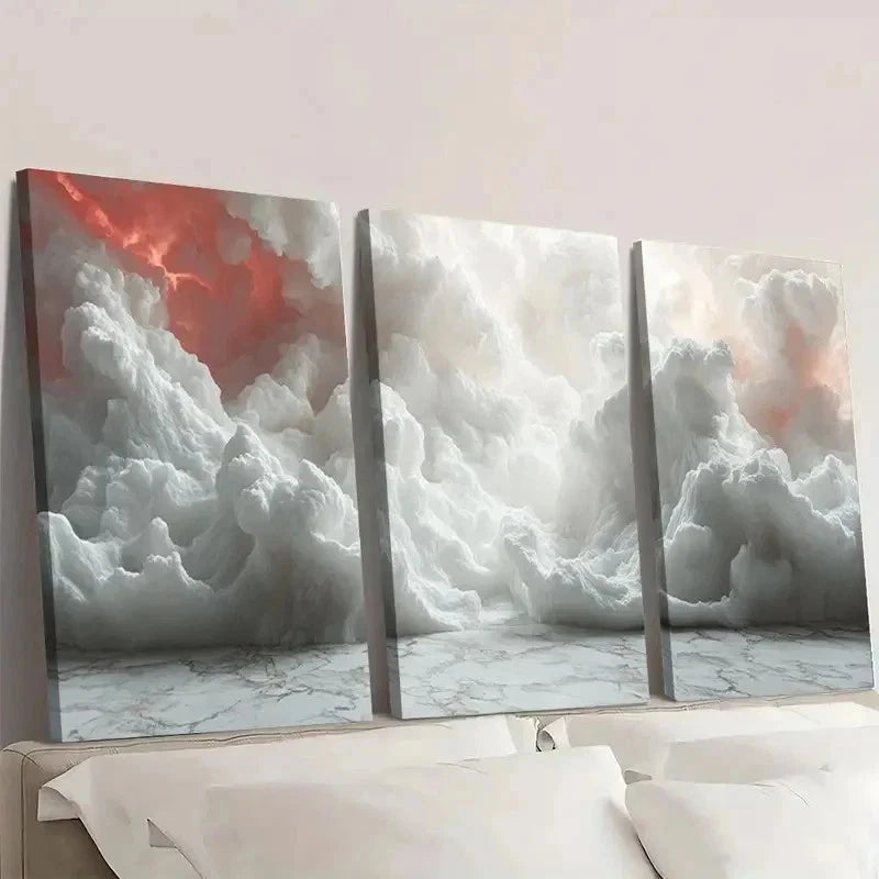 3pcs Abstract Cloud Creamy White & Red Hues d Wall Art Set Canvas Framed 50x70cm - High Quality Print 100% Australian Made Wall Canvas Ready to Hang