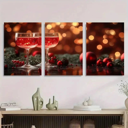 3pcs Elegant Red Wine Glasses Metal Print Ready to Hang Art