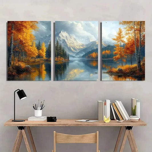 3pcs Autumn Forest & Mountain Landscape Painting Metal Print Ready to Hang Art