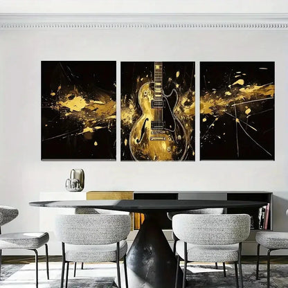 3pcs Abstract Golden Guitar Black & Golden Music Metal Print Ready to Hang Art