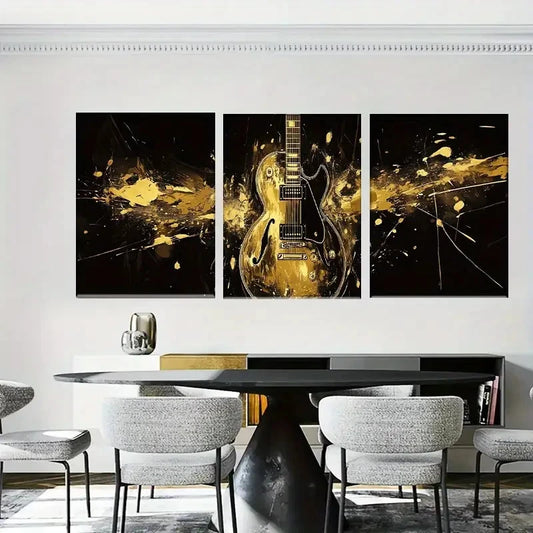 3pcs Abstract Golden Guitar Black & Golden Music Metal Print Ready to Hang Art