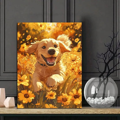 Golden Retriever Dog Woven Floral Field Painting 40x60cm Metal Print Ready to Hang
