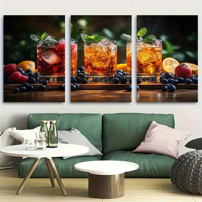3pcs Refreshing Fruit Cocktails with Mint & Berry Metal Print Ready to Hang Art