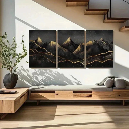 3pcs Mountains Night Sky Golden Lines Sparkles Metal Print Ready to Hang Art