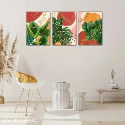 3pcs Green Plant Leaves and Line Geometric Metal Print Ready to Hang Art