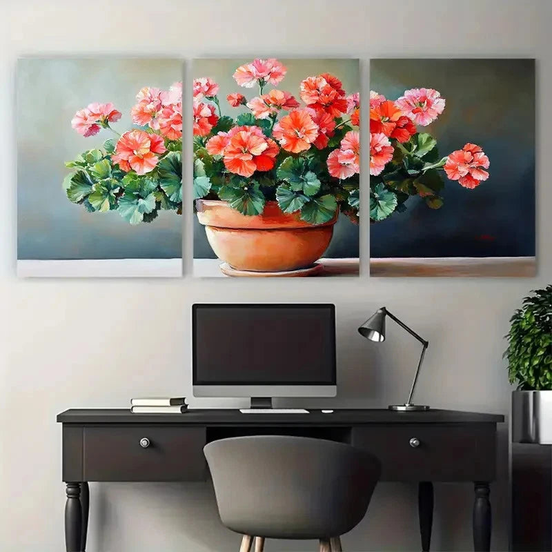 3pcs Pelargonium Flowers in Pot Garden Design Metal Print Ready to Hang Art