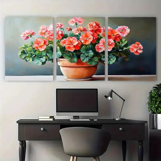 3pcs Pelargonium Flowers in Pot Garden Design Metal Print Ready to Hang Art