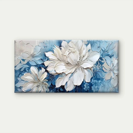 Elegant White & Blue Floral Wall Art Canvas Office Home Room Framed 120x60cm