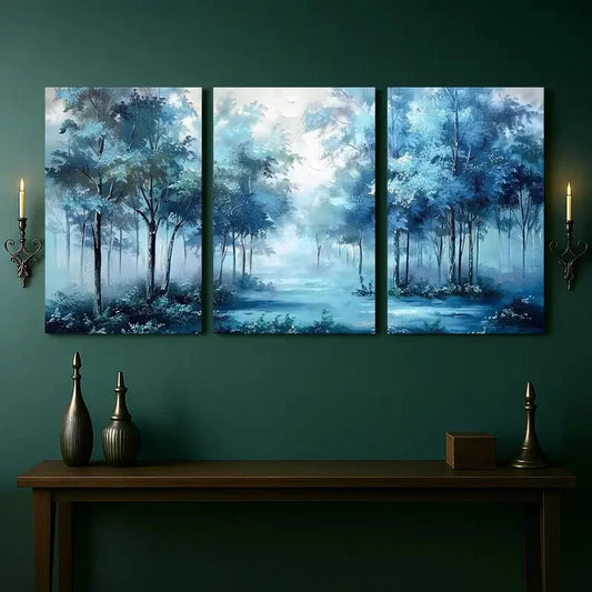 3pcs Blue Forest Landscape Painting Metal Print Ready to Hang Art