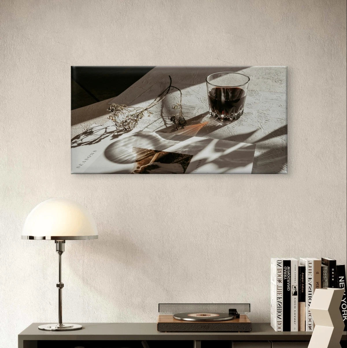 Modern Neutral Still Life Wine Glass Wall Art Canvas Office Home Framed 120x60cm