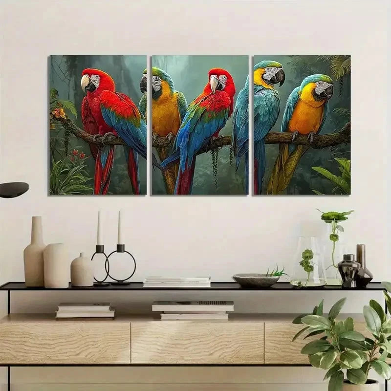 3pcs Colorful Parrots in Jungle Painting Metal Print Ready to Hang Art