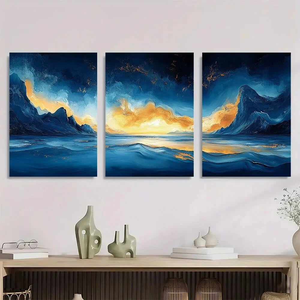 3pcs Lake Abstract Painting Golden Blue Metal Print Ready to Hang Art