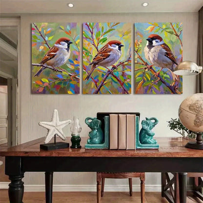 3pcs Sparrow Abstract Vibrant Colorful Foliage Metal Print Ready to Hang Art