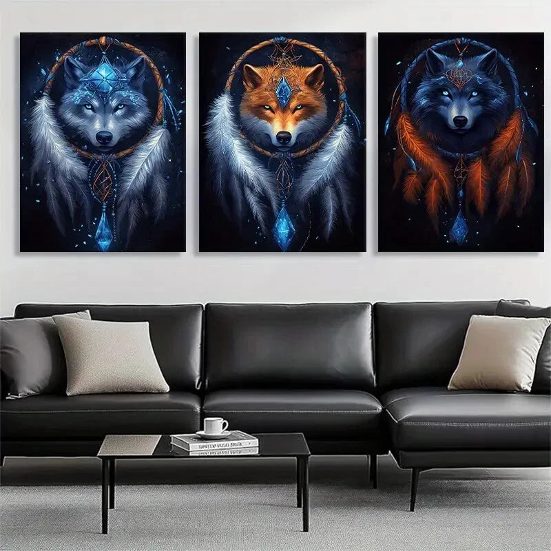 3pcs Mystical Wolf Fox Dreamcatcher Spirit Wall Art Set Canvas Framed 40x60cm - High Quality Print 100% Australian Made Wall Canvas Ready to Hang
