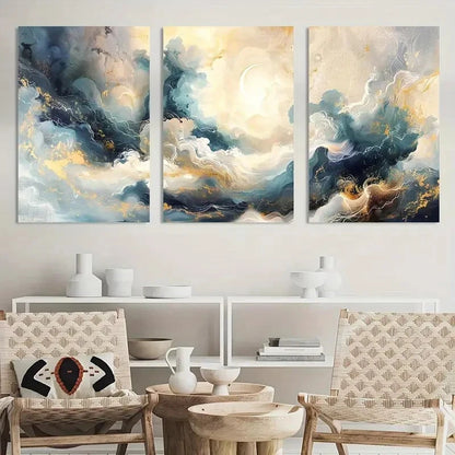 3pcs Abstract Vibrant Blue & Golden Sky Designs Metal Print Ready to Hang Art