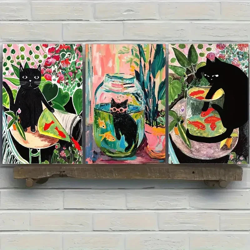 3pcs Cute Black Cat Goldfish and Floral Metal Print Ready to Hang Art