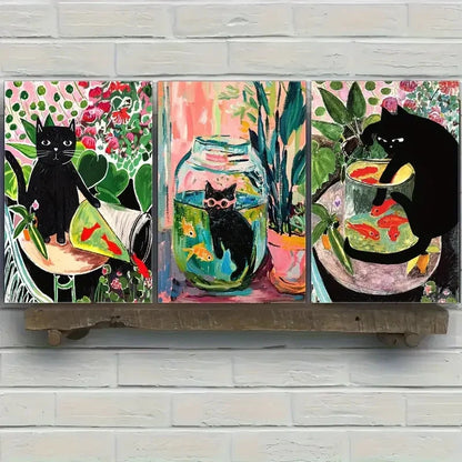 3pcs Cute Black Cat Goldfish and Floral Metal Print Ready to Hang Art